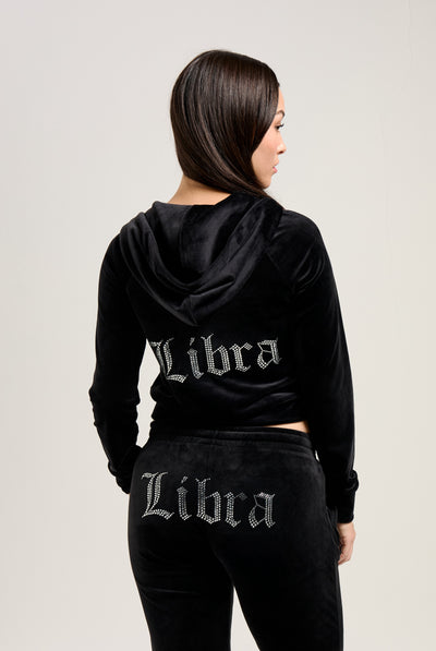 'LIBRA' BLACK DIAMANTÉ VELOUR ZIP-THROUGH HOODIE