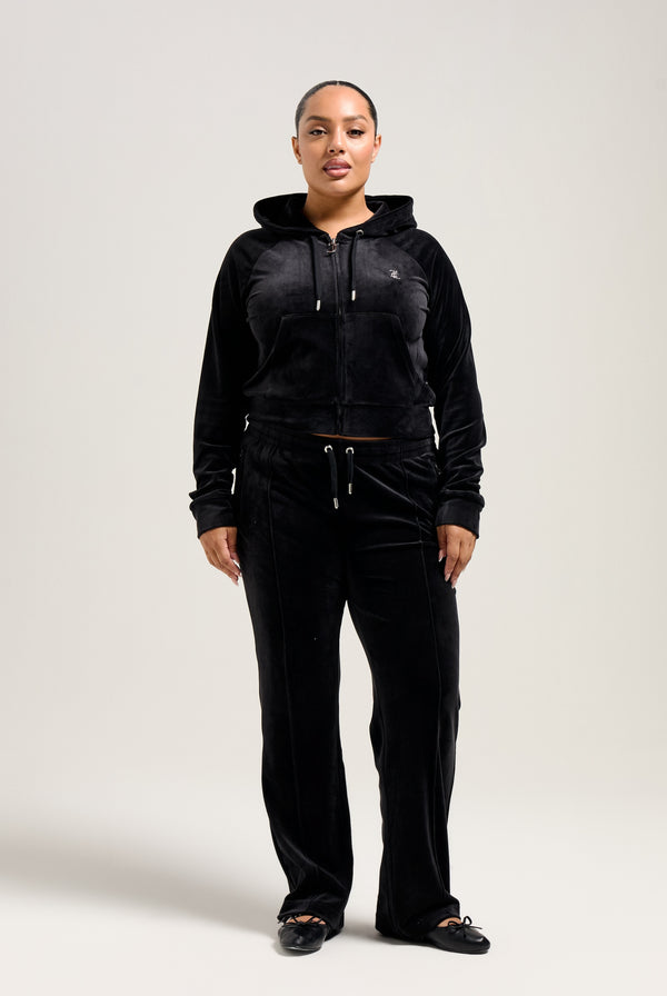 'LIBRA' BLACK DIAMANTÉ VELOUR ZIP-THROUGH HOODIE