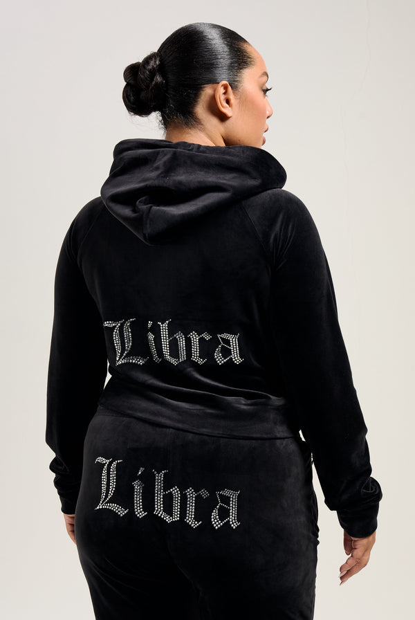 'LIBRA' BLACK DIAMANTÉ VELOUR ZIP-THROUGH HOODIE