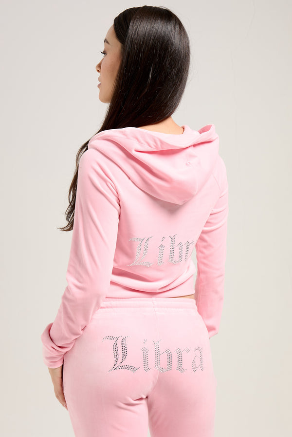 'LIBRA' JUICY PINK DIAMANTÉ VELOUR ZIP-THROUGH HOODIE