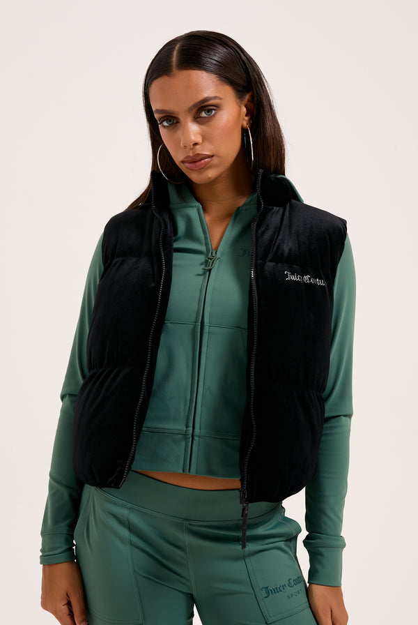 BLACK CROPPED DIAMANTE VELOUR GILET