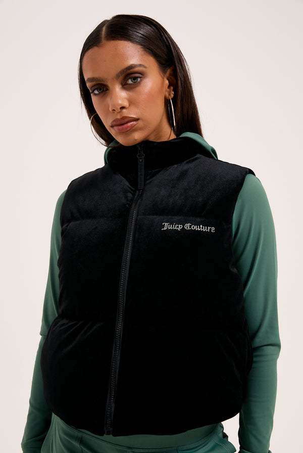 BLACK CROPPED DIAMANTE VELOUR GILET