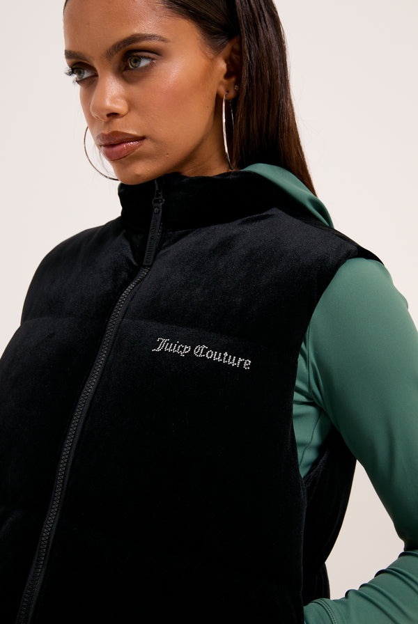 BLACK CROPPED DIAMANTE VELOUR GILET