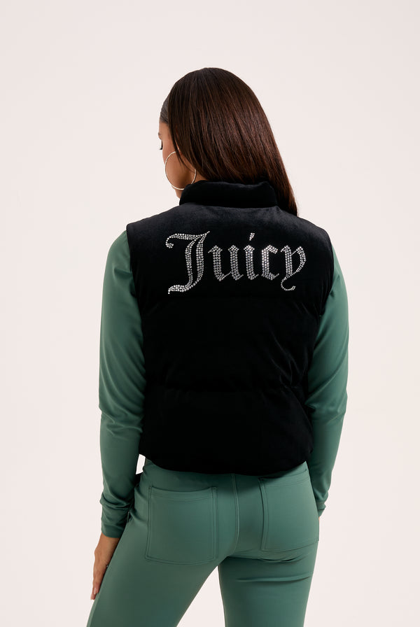 BLACK CROPPED DIAMANTE VELOUR GILET