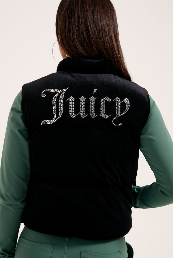 BLACK CROPPED DIAMANTE VELOUR GILET
