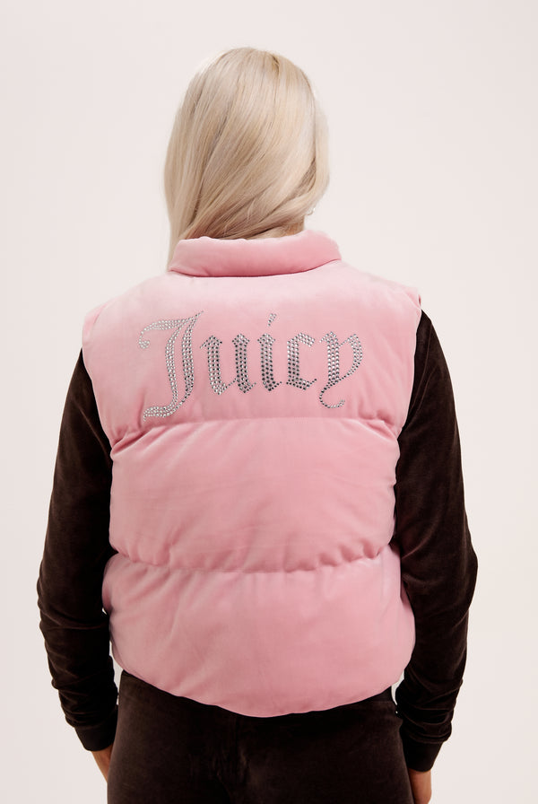 JUICY PINK CROPPED DIAMANTE VELOUR GILET