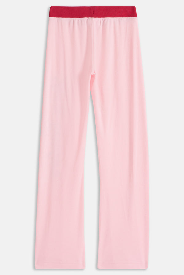 CANDY PINK TOWELLING RETRO LOGO LOW RISE FLARE PANTS