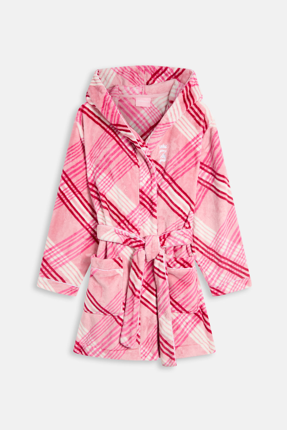 Displays the Pink 'Juicy' branded Check Plush Robe
