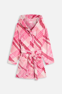 Displays the Pink 'Juicy' branded Check Plush Robe