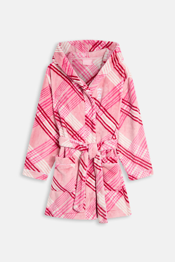 Displays the Pink 'Juicy' branded Check Plush Robe