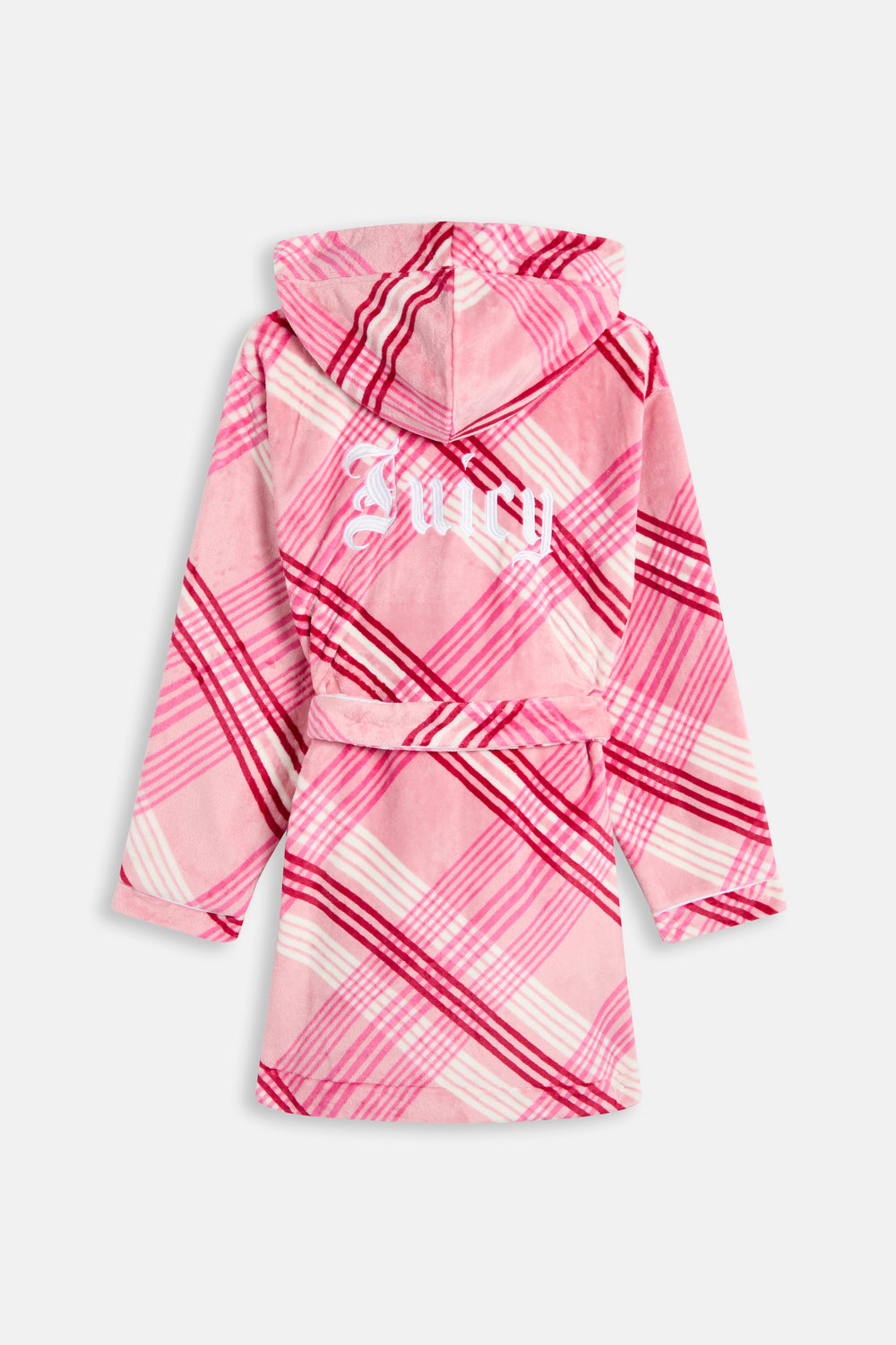 Displays the Pink 'Juicy' branded Check Plush Robe