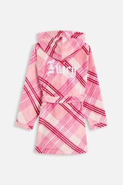 Displays the Pink 'Juicy' branded Check Plush Robe