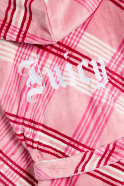 Displays the Pink 'Juicy' branded Check Plush Robe featuring the juicy branding