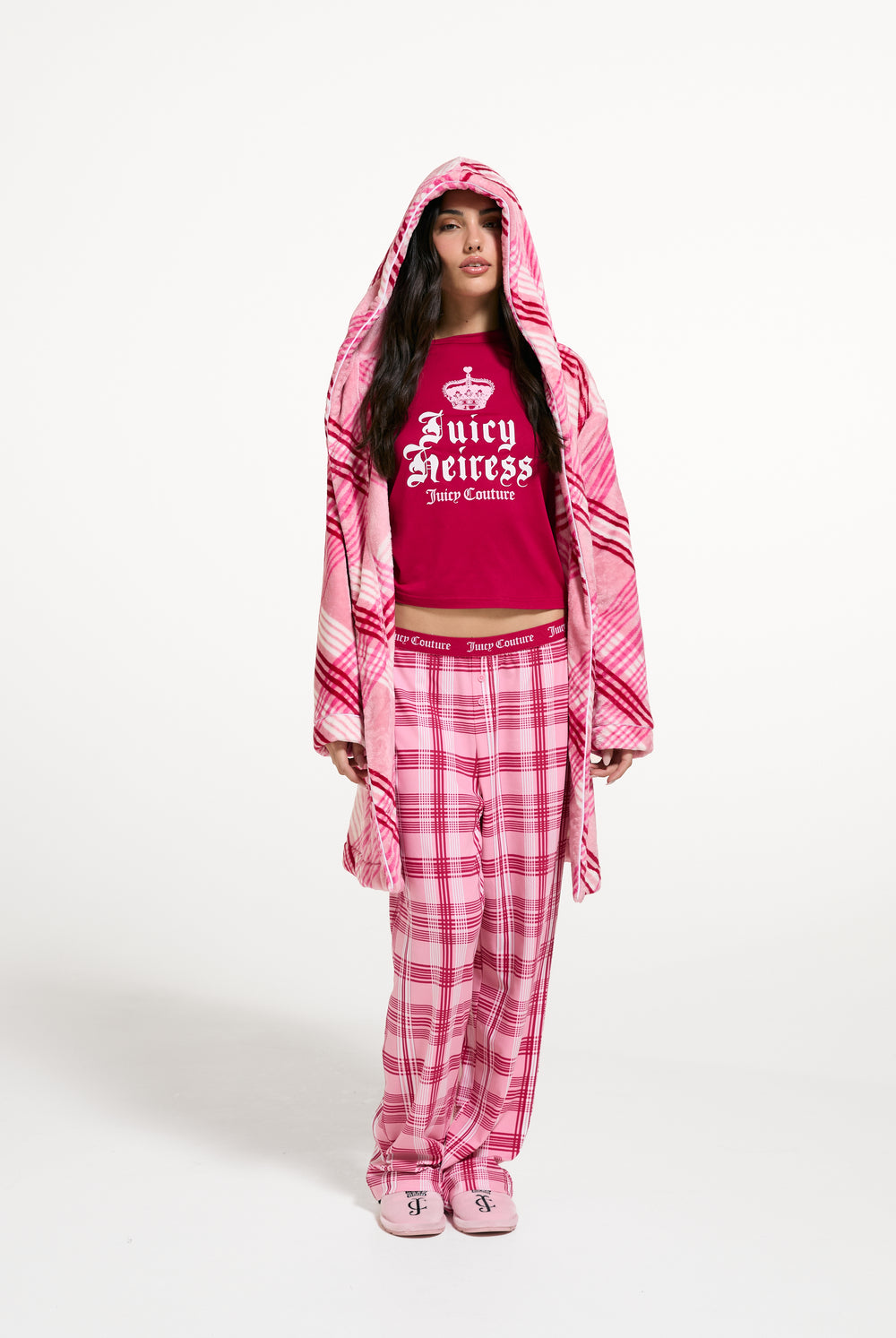 Displays a model wearing the Pink 'Juicy' branded Check Plush Robe
