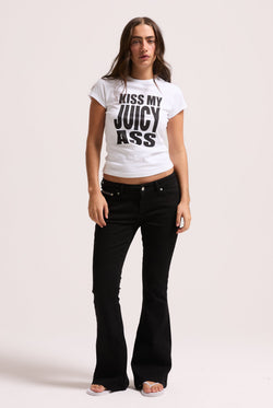 Displays a model wearing the Black stretch 'Juicy' branded twill low rise flare jeans 