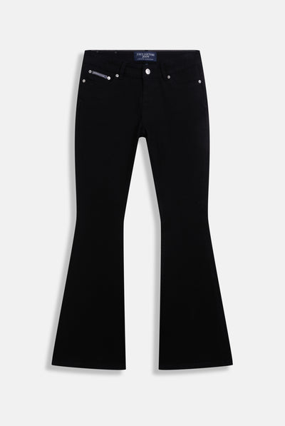 BLACK STRETCH TWILL LOW RISE FLARE JEAN