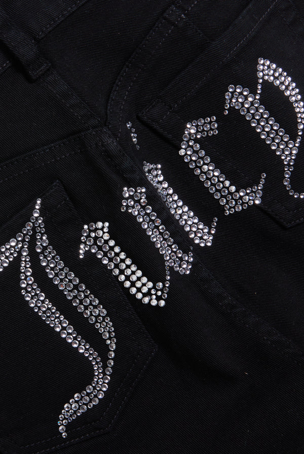 BLACK STRETCH TWILL LOW RISE FLARE JEAN