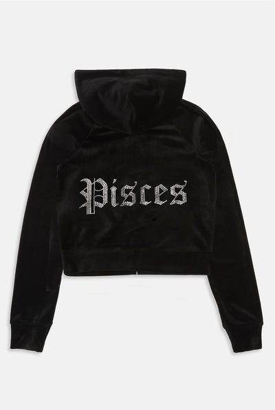 PISCES' BLACK DIAMANTÉ VELOUR ZIP-THROUGH HOODIE