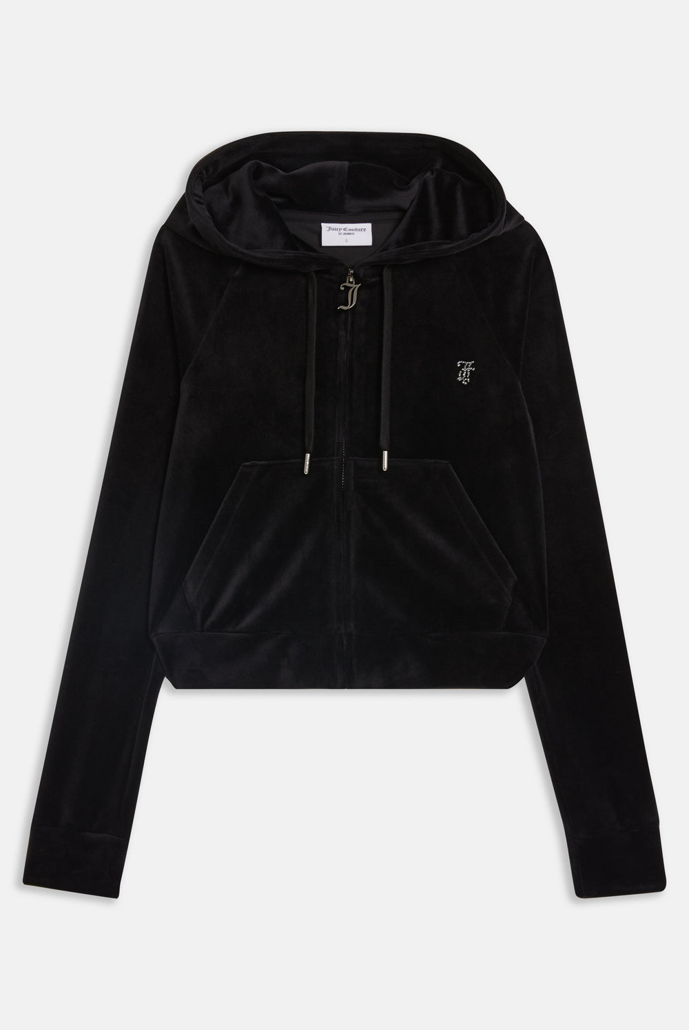 A black velour Juicy Couture Hoodie on a White background