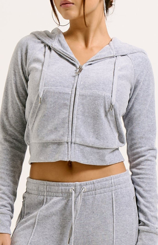 SILVER MARL DIAMANTÉ VELOUR ZIP-THROUGH HOODIE