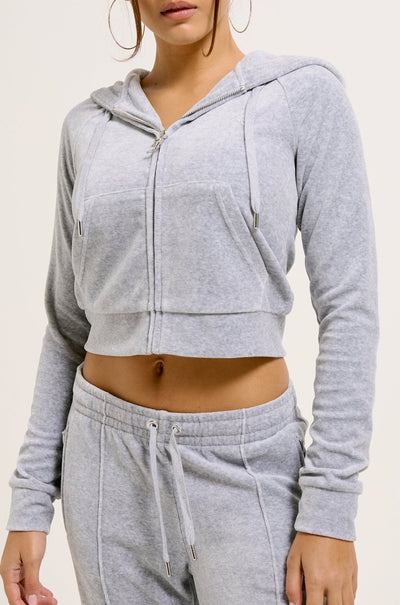 SILVER MARL DIAMANTÉ VELOUR ZIP-THROUGH HOODIE