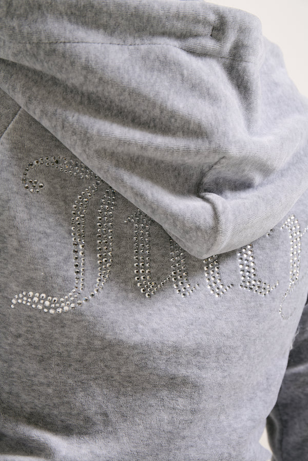 SILVER MARL DIAMANTÉ VELOUR ZIP-THROUGH HOODIE