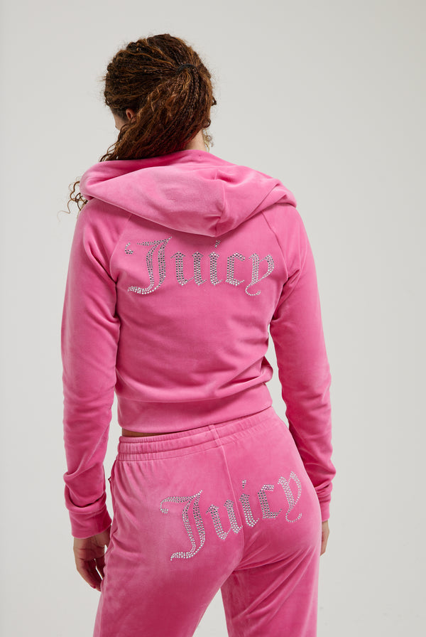 HOT PINK DIAMANTÉ VELOUR ZIP-THROUGH HOODIE