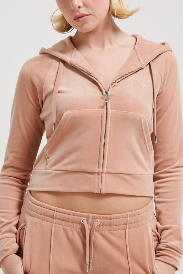 CAFE AU LAIT DIAMANTÉ VELOUR ZIP-THROUGH HOODIE