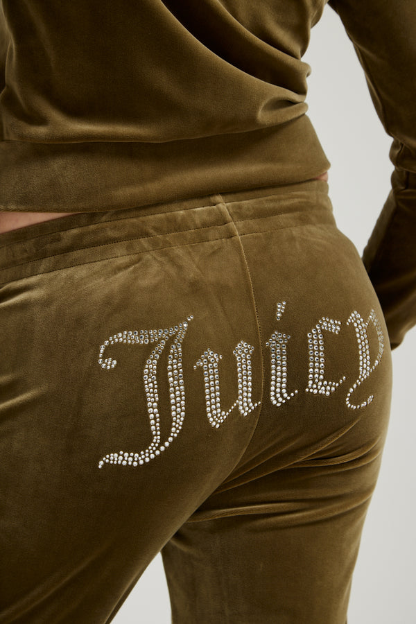 DARK OLIVE VELOUR DIAMANTÉ TRACKSUIT BOTTOM