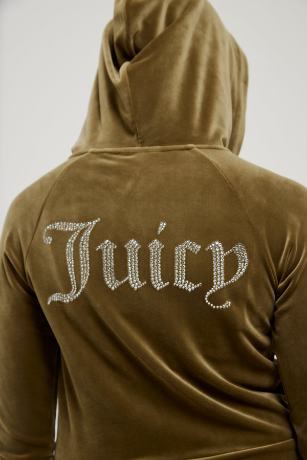 DARK OLIVE DIAMANTÉ VELOUR ZIP-THROUGH HOODIE