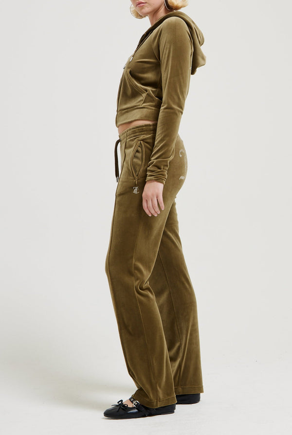 DARK OLIVE VELOUR DIAMANTÉ TRACKSUIT BOTTOM