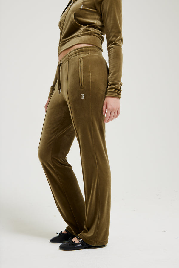 DARK OLIVE VELOUR DIAMANTÉ TRACKSUIT BOTTOM