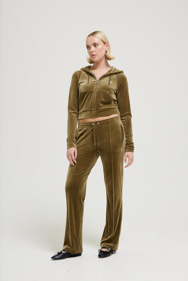 DARK OLIVE VELOUR DIAMANTÉ TRACKSUIT BOTTOM