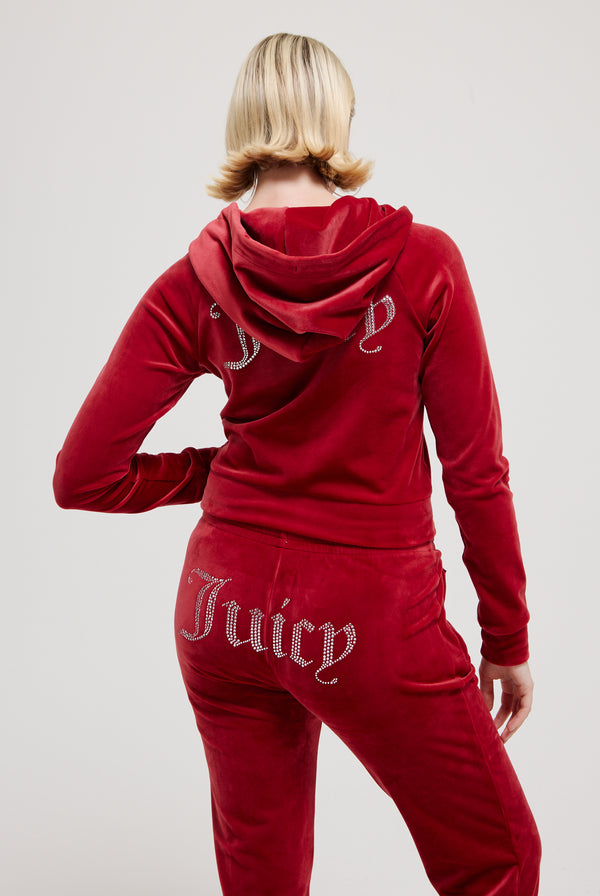 RED DAHLIA DIAMANTÉ VELOUR ZIP-THROUGH HOODIE