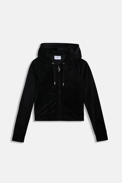 BLACK OUTLINE DIAMANTÉ VELOUR ZIP-THROUGH HOODIE