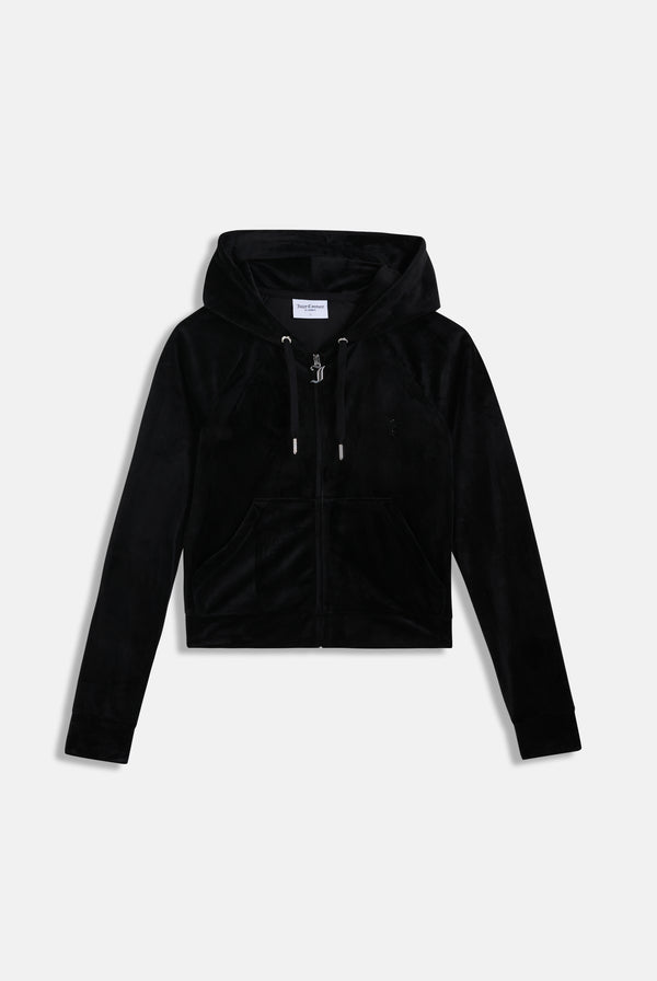 BLACK OUTLINE DIAMANTÉ VELOUR ZIP-THROUGH HOODIE