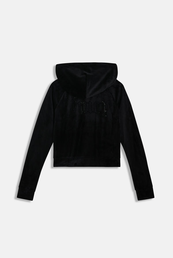 BLACK OUTLINE DIAMANTÉ VELOUR ZIP-THROUGH HOODIE