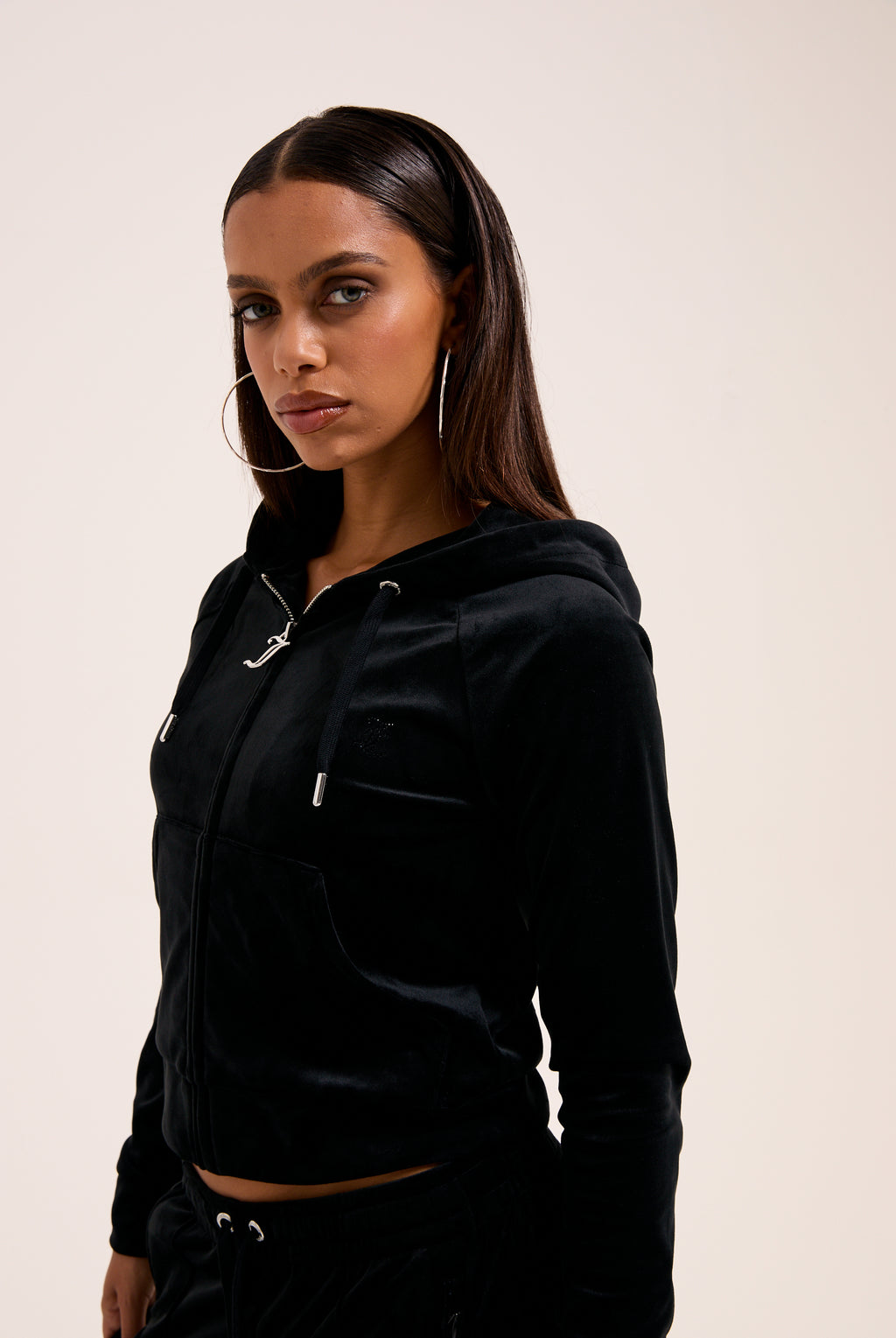 BLACK OUTLINE DIAMANTÉ VELOUR ZIP-THROUGH HOODIE
