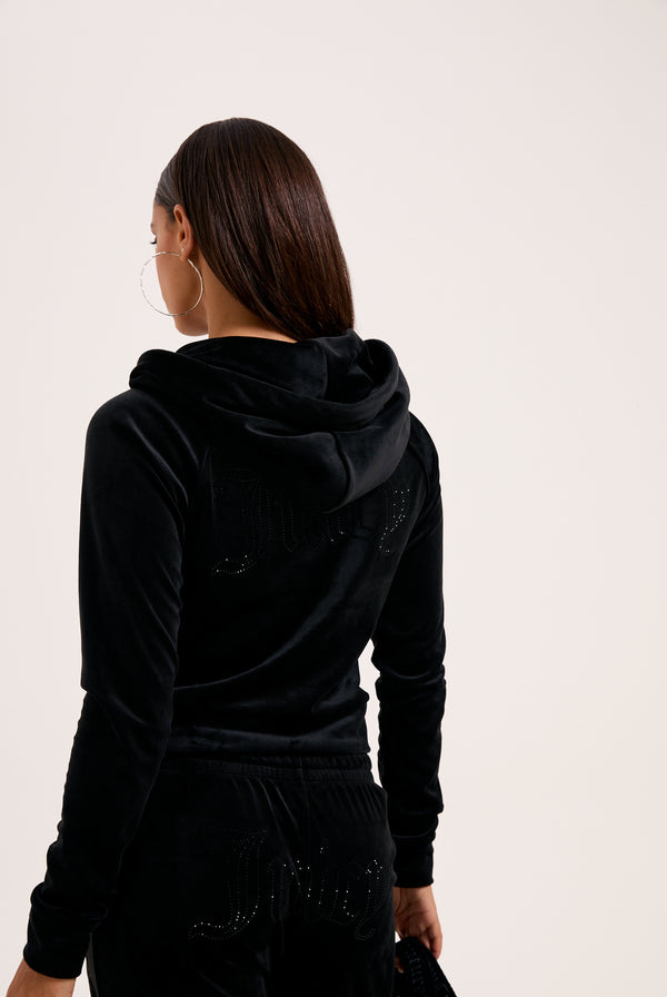BLACK OUTLINE DIAMANTÉ VELOUR ZIP-THROUGH HOODIE