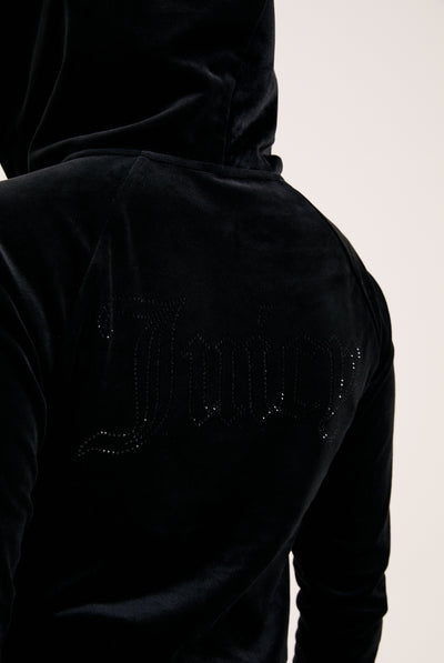 BLACK OUTLINE DIAMANTÉ VELOUR ZIP-THROUGH HOODIE