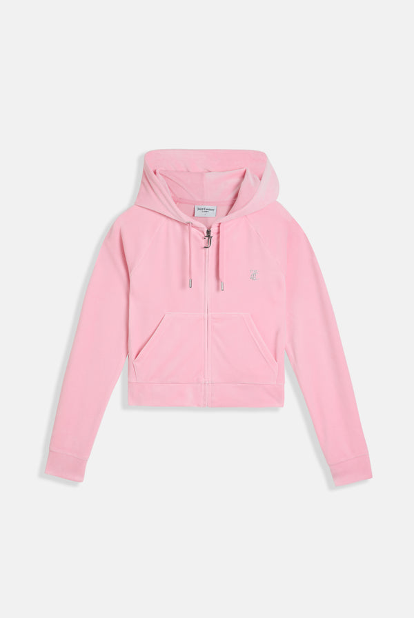 JUICY PINK OUTLINE DIAMANTÉ VELOUR ZIP-THROUGH HOODIE