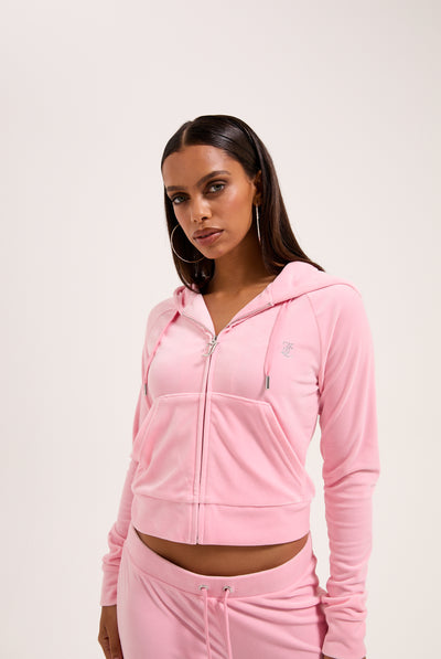 JUICY PINK OUTLINE DIAMANTÉ VELOUR ZIP-THROUGH HOODIE