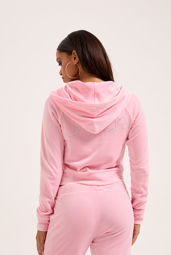JUICY PINK OUTLINE DIAMANTÉ VELOUR ZIP-THROUGH HOODIE