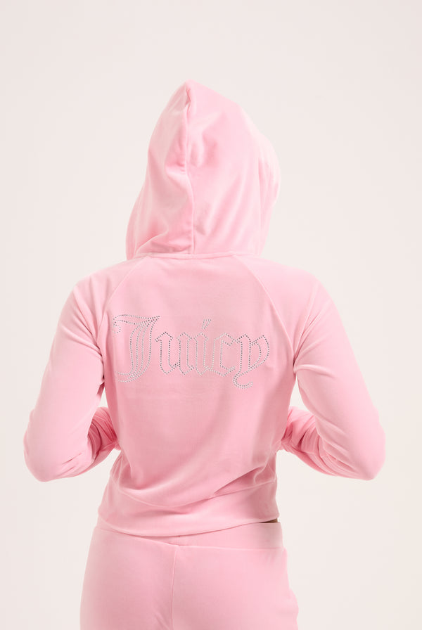 JUICY PINK OUTLINE DIAMANTÉ VELOUR ZIP-THROUGH HOODIE