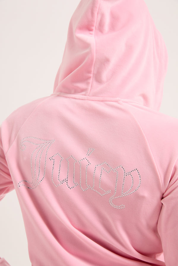 JUICY PINK OUTLINE DIAMANTÉ VELOUR ZIP-THROUGH HOODIE