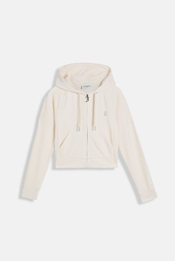 CREAM OUTLINE DIAMANTÉ VELOUR ZIP-THROUGH HOODIE