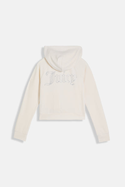CREAM OUTLINE DIAMANTÉ VELOUR ZIP-THROUGH HOODIE