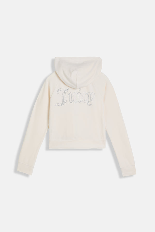 CREAM OUTLINE DIAMANTÉ VELOUR ZIP-THROUGH HOODIE