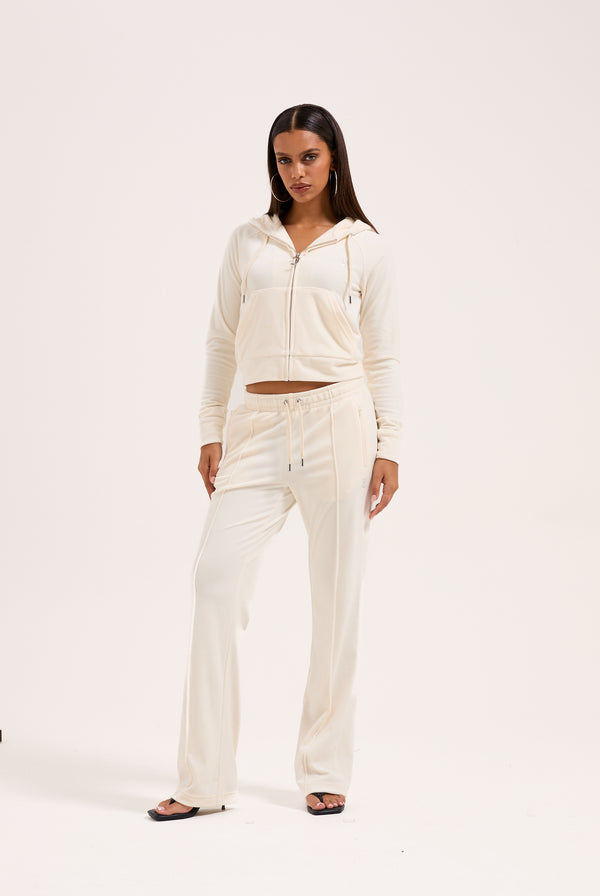 CREAM OUTLINE DIAMANTÉ VELOUR ZIP-THROUGH HOODIE