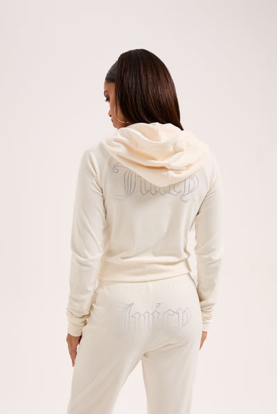 CREAM OUTLINE DIAMANTÉ VELOUR ZIP-THROUGH HOODIE